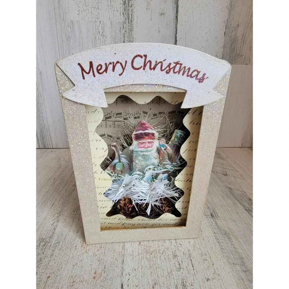 Merry Christmas Xmas vintage shadow box 3D cardboard unique glitter Santa Claus